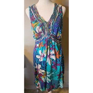 Spense Womens Tropical Floral Leopard Print V-Neck Pleated Empire Waist Dress L